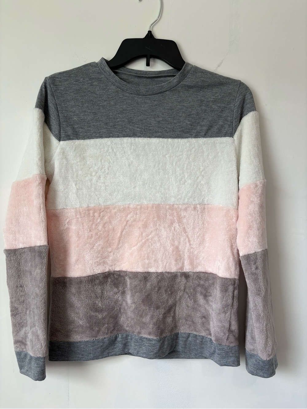 BCBGirls Striped Crewneck Sweater in Gray, White & Pink